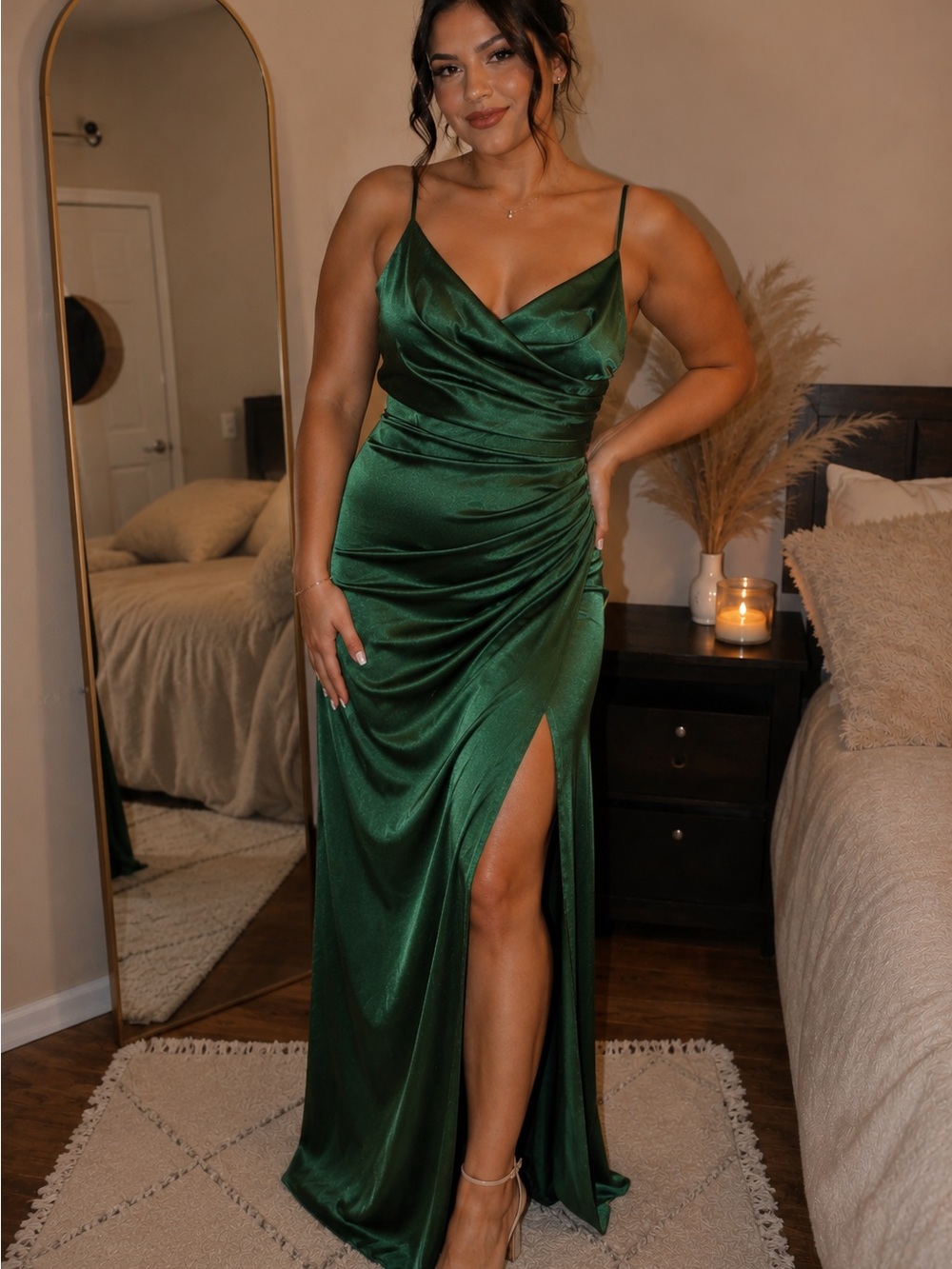 Emerald Satin Slip Dress with Side Slit
